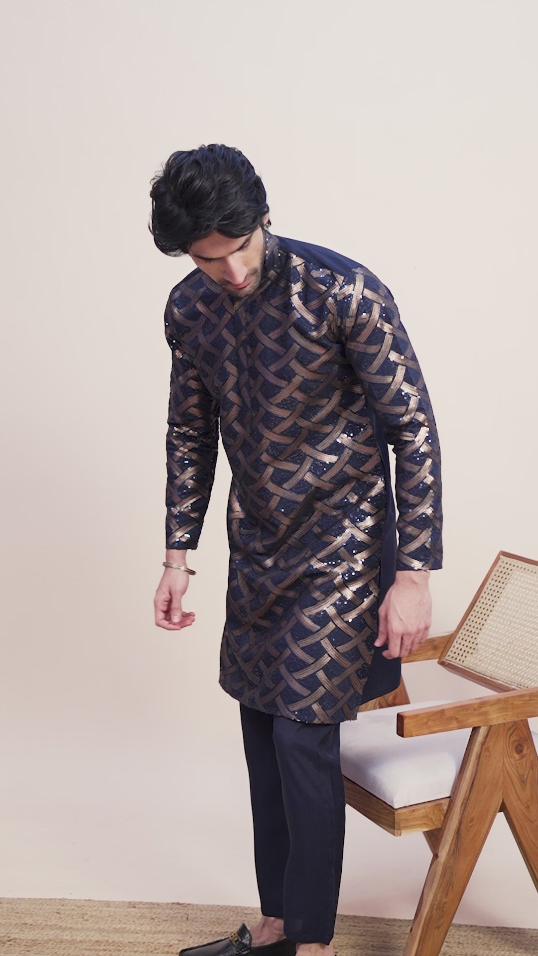 NAVY BLUE SILK THREAD & SEQUENCE EMBROIDERED WORK KURTA