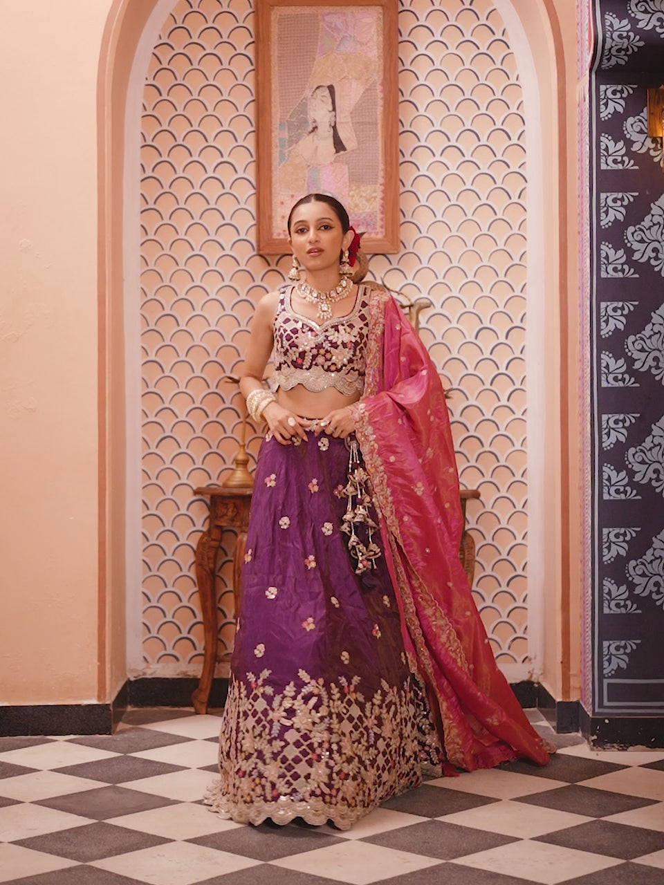 PURPLE - Tissue Fabric Sequins embroidery Semi-Stitched Lehenga & Unstitched Blouse With Dupatta