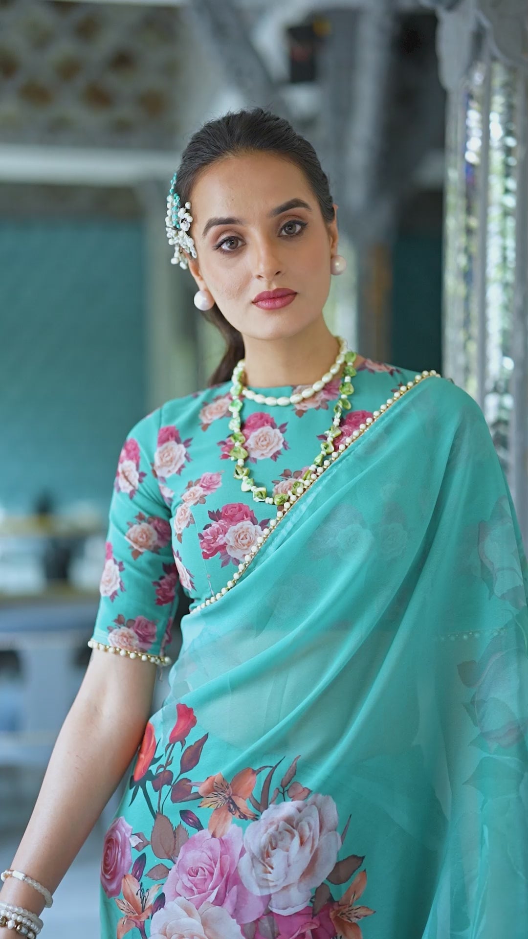 Sea Green Georgette Floral Print & Pearl Lace Border Saree