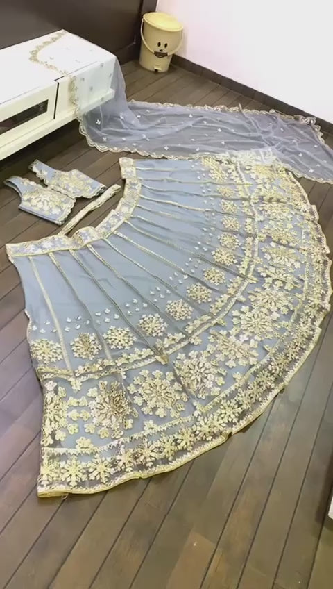 Blue Net lehnga with foil paper & zari work - INSPIRED | Ready To Wear