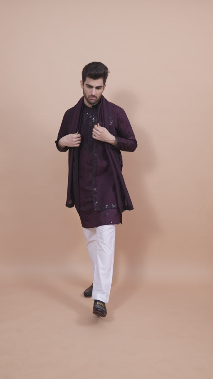 PURPLE VISCOSE SILK THREAD, SEQUENCE EMBROIDERED WORK KURTA SET
