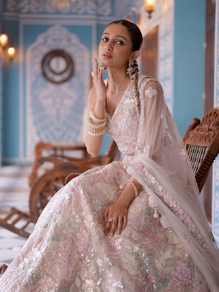 CREAM - Net Fabric Sequins embroidery Semi-Stitched Lehenga & Unstitched Blouse With Dupatta