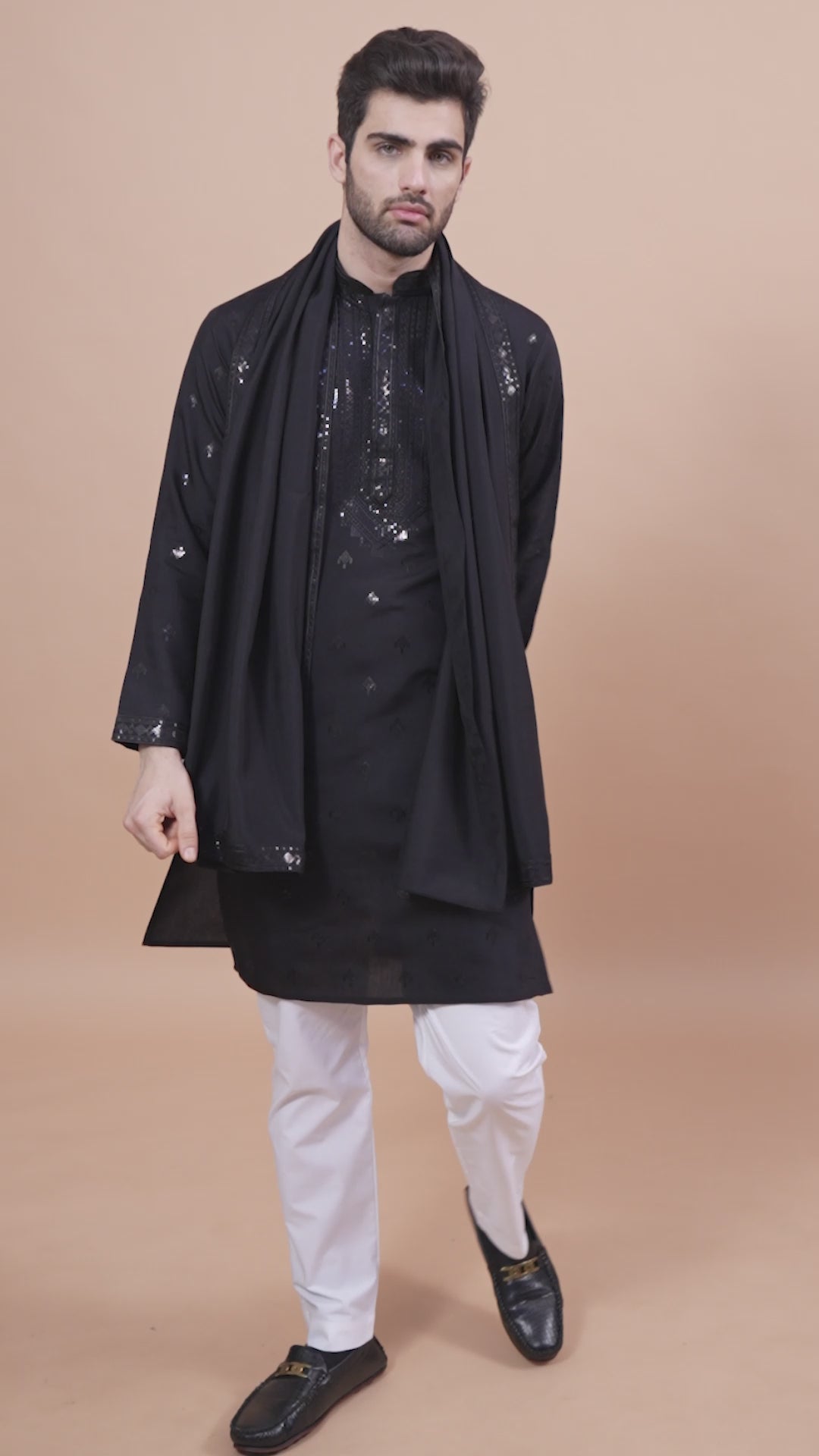 BLACK VISCOSE SILK THREAD, SEQUENCE EMBROIDERED WORK KURTA SET