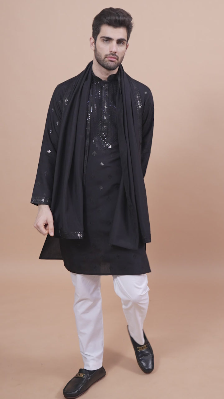 BLACK VISCOSE SILK THREAD, SEQUENCE EMBROIDERED WORK KURTA SET