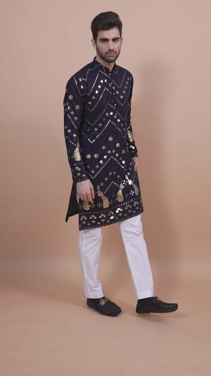 NAVY BLUE PURE VISCOSE RAYON THREAD & SEQUENCE EMBROIDERED WORK KURTA