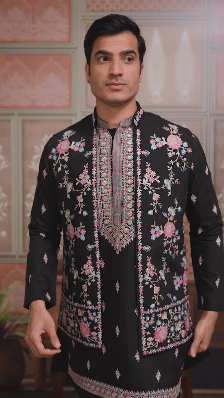 Black Multi Thread Sequins Embroidery Work Wedding Wear Kurta And Jacket