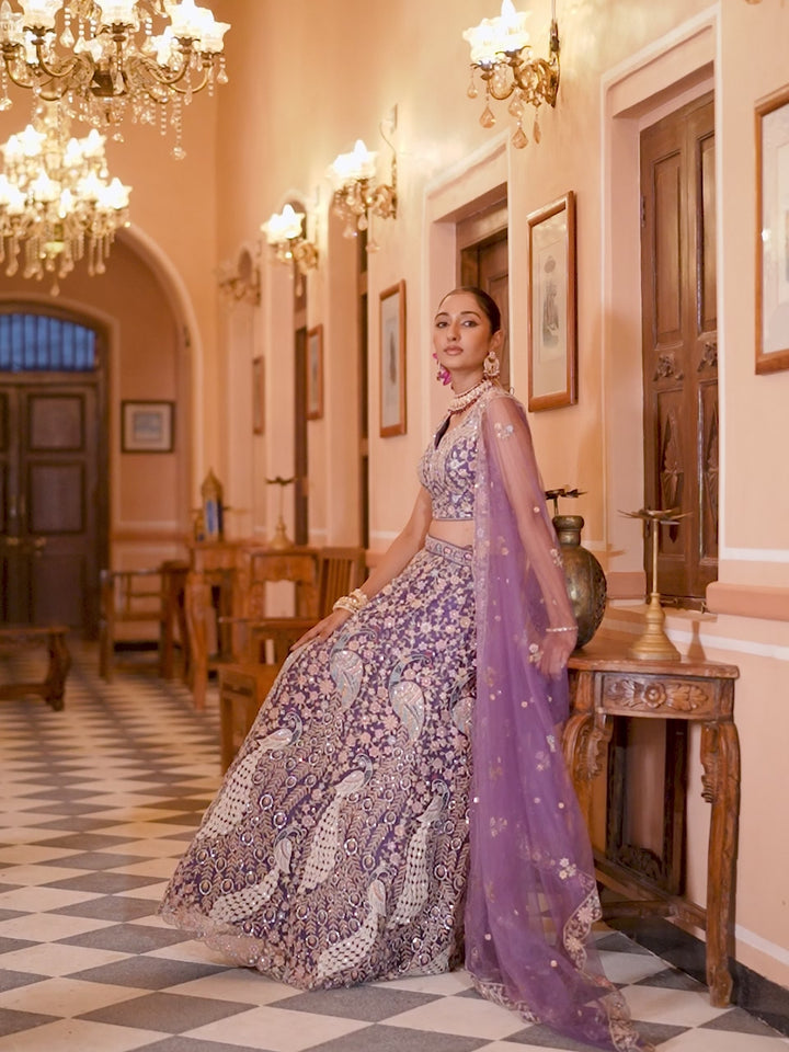 PURPLE - Net Fabric Sequins embroidery Semi-Stitched Lehenga & Unstitched Blouse With Dupatta