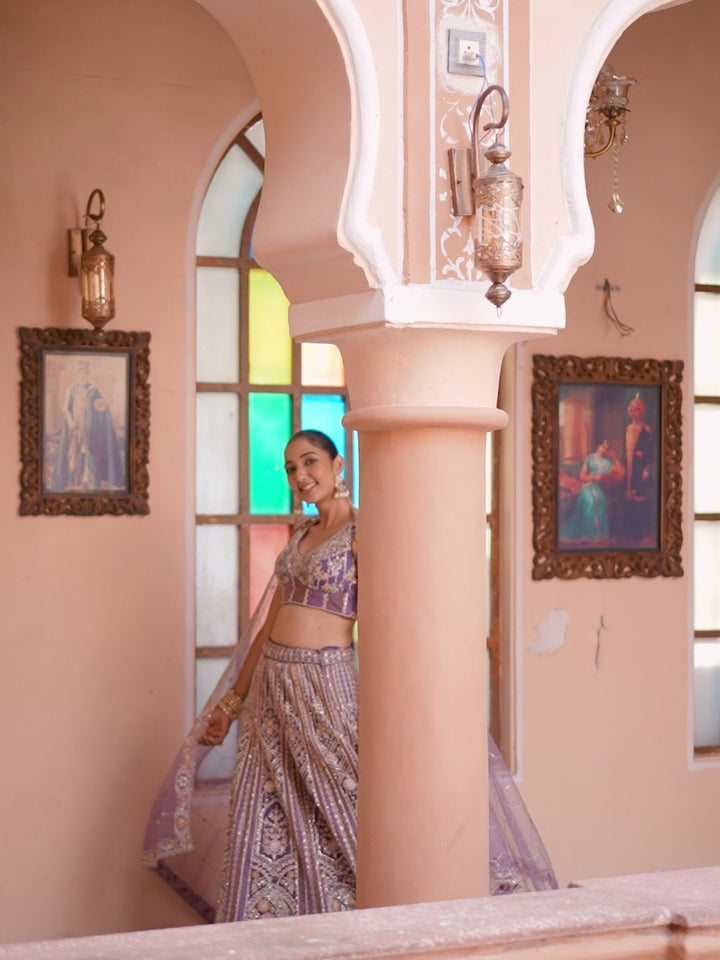 PURPLE - Net Fabric Sequins embroidery Semi-Stitched Lehenga & Unstitched Blouse With Dupatta