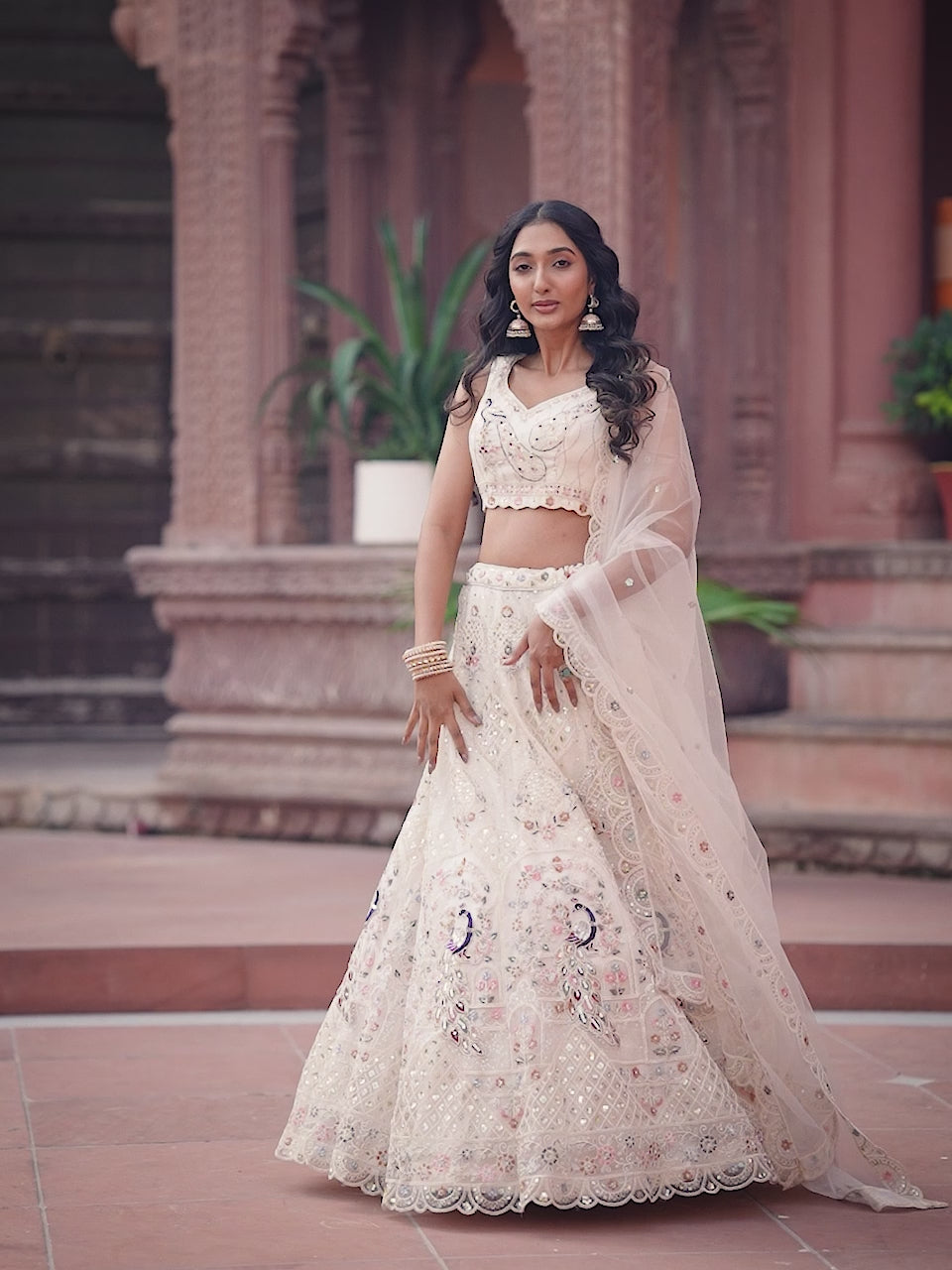 CREAM - Net Fabric Sequins embroidery Semi-Stitched Lehenga & Unstitched Blouse With Dupatta
