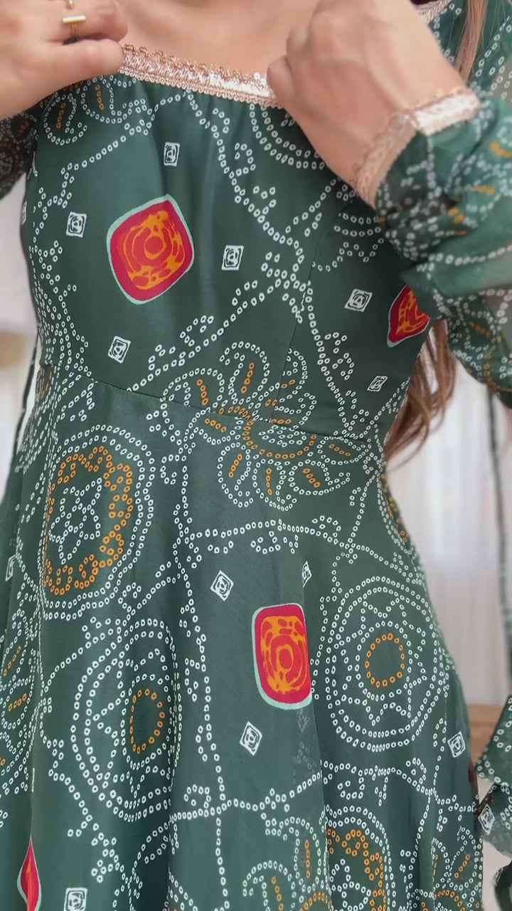 GREEN PURE SOFT LIGHTWEIGHT CHIFFON BANDHEJ FABRIC INNER MICRO COTTON ANARKALI SUIT - INSPIRED