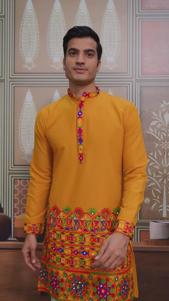 Yellow Multi Thread And Real Mirror Work Kurta Set For Navratri