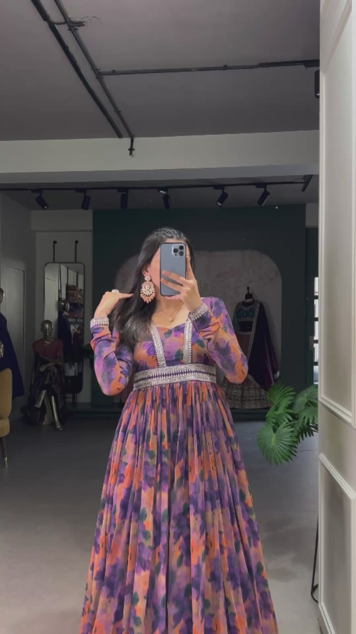 Purple Georgette Floral print with Lace Border Gown - INSPIRED