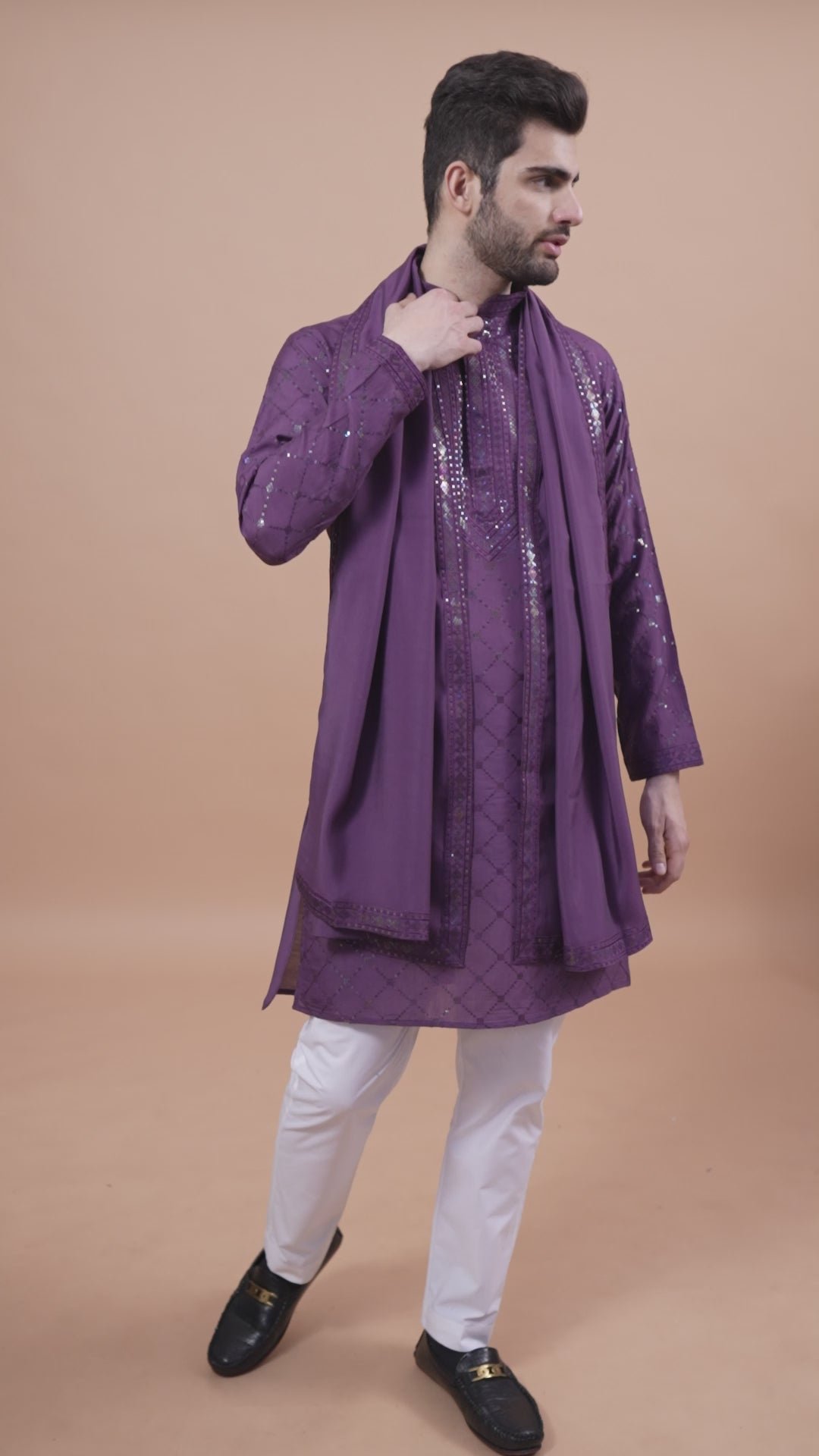 DUSTY PUPRLE VISCOSE SILK THREAD, SEQUENCE EMBROIDERED WORK KURTA SET