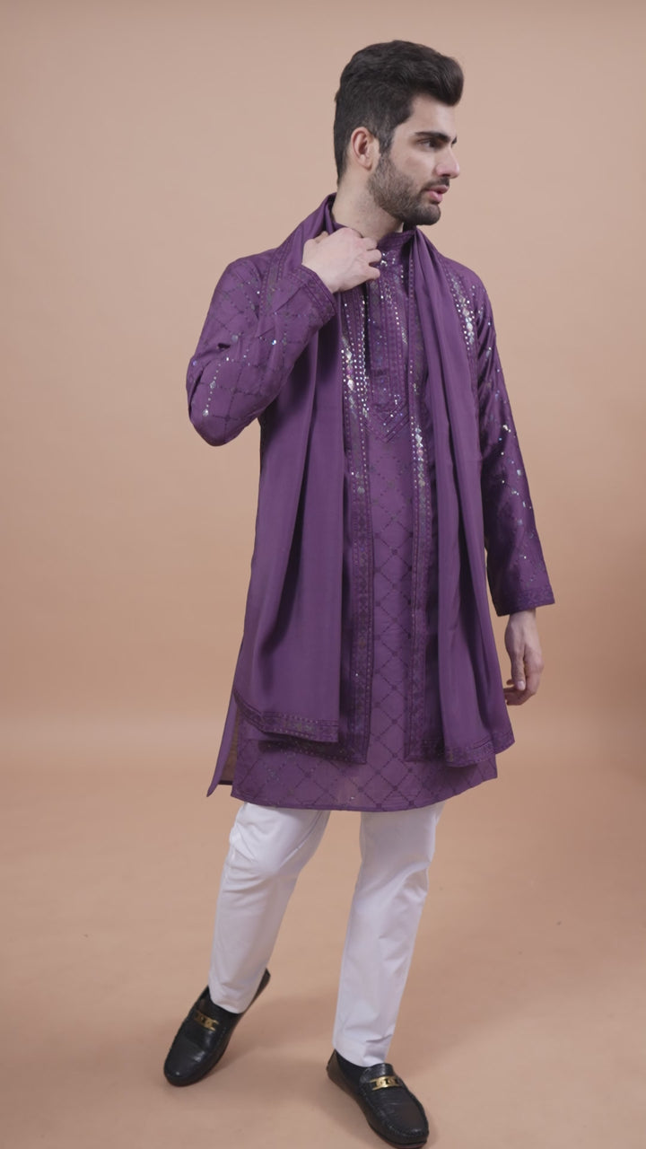 DUSTY PUPRLE VISCOSE SILK THREAD, SEQUENCE EMBROIDERED WORK KURTA SET