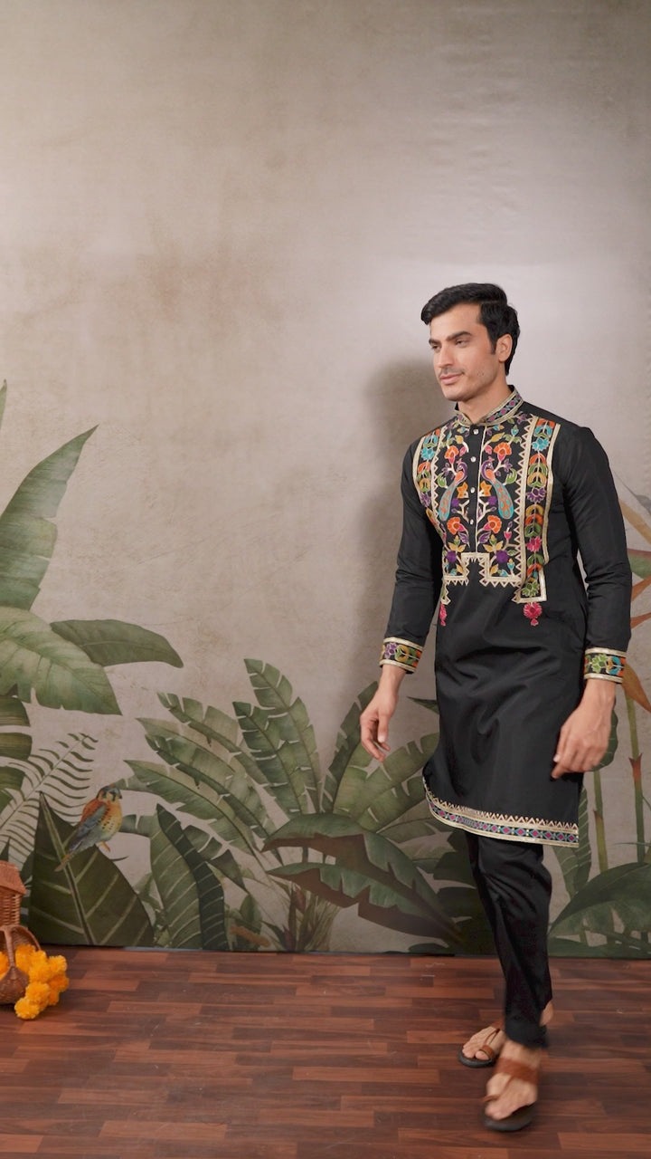 Black Multi Thread And Sequins Embroidery Work Festive Wear Kurta Set