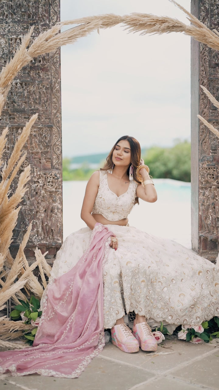 Cream - Tissue Fabric Beads & Sequince Embroidered Ready to Wear Lehenga Choli & Dupatta