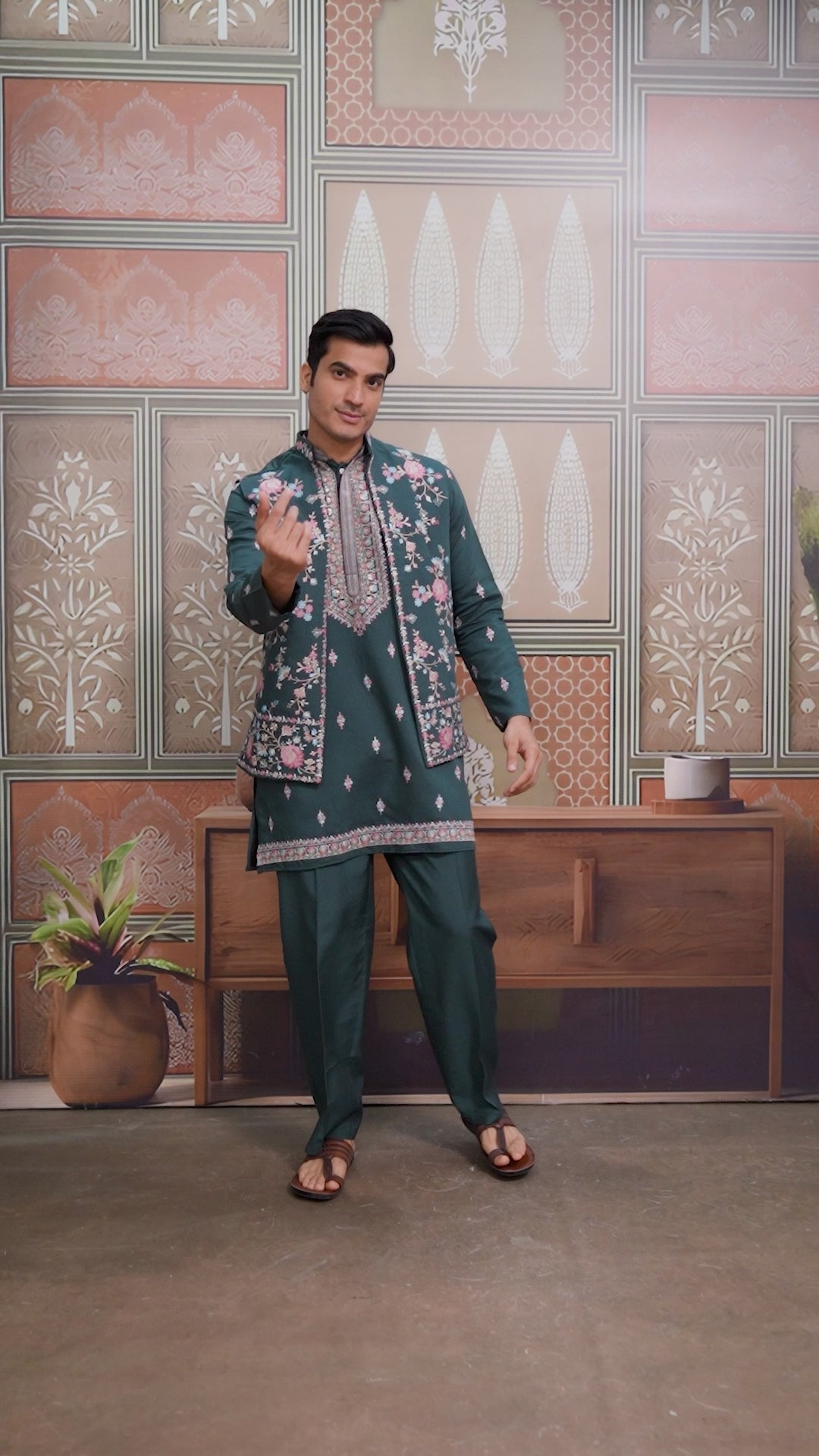 Timber Green Wedding Wear Multi Thread Sequins Embroidery Work  Kurta & Koti