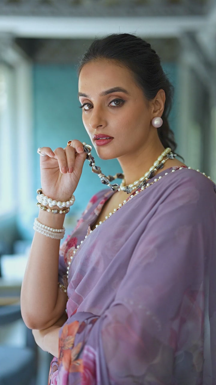 Grey Georgette Floral Print & Pearl Lace Border Saree