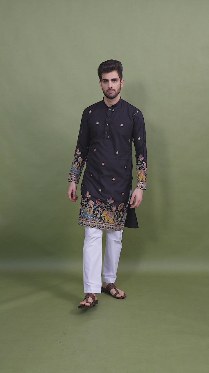 BLACK COTTON THREAD, SEQUENCE EMBROIDERED WORK KURTA