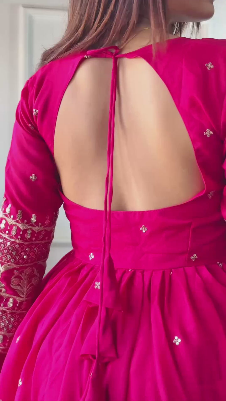 PINK BLOOMING VICHITRA SILK  WITH EMBROIDERY SEQUENCE DESIGN WORK ANARKALI SUIT