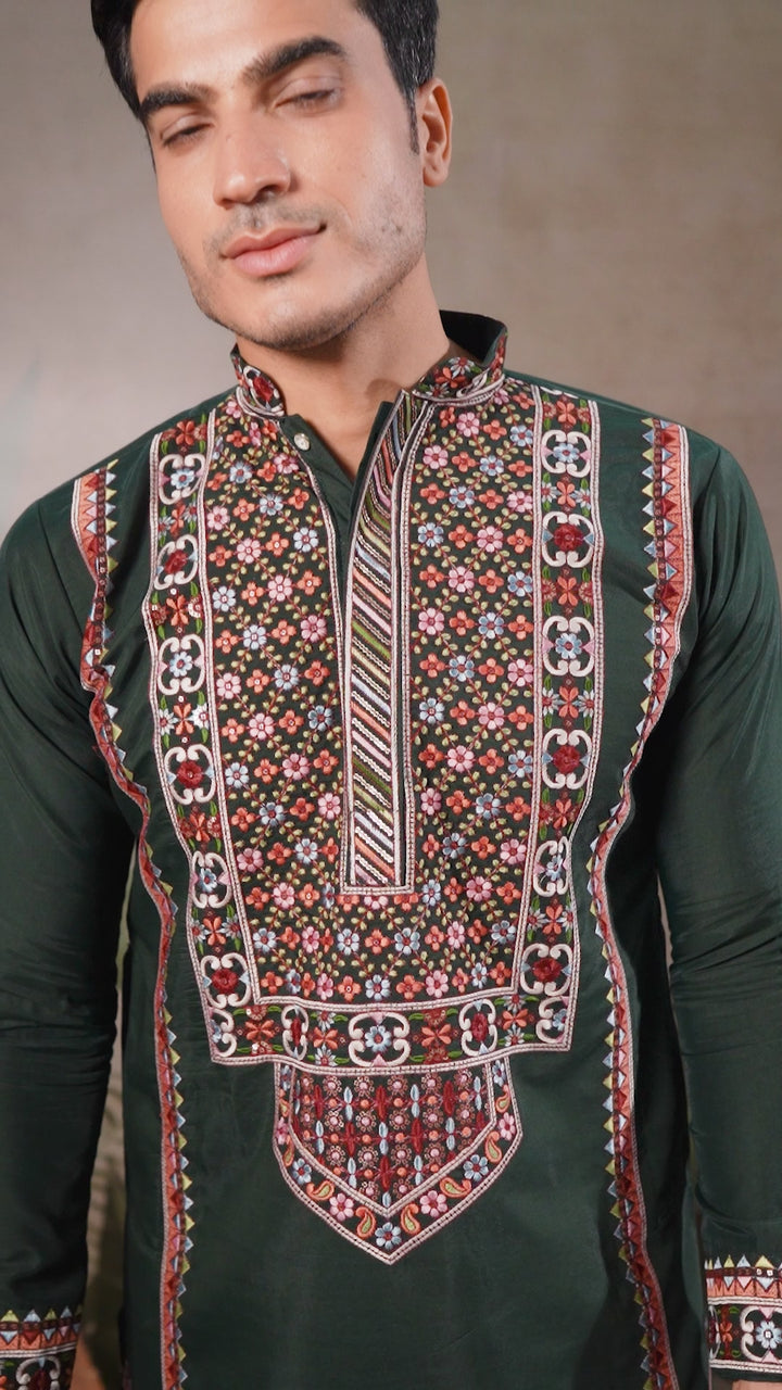 Dark Green Festive Wear Kurta Set With Multi Thread Sequins Embroidery Work