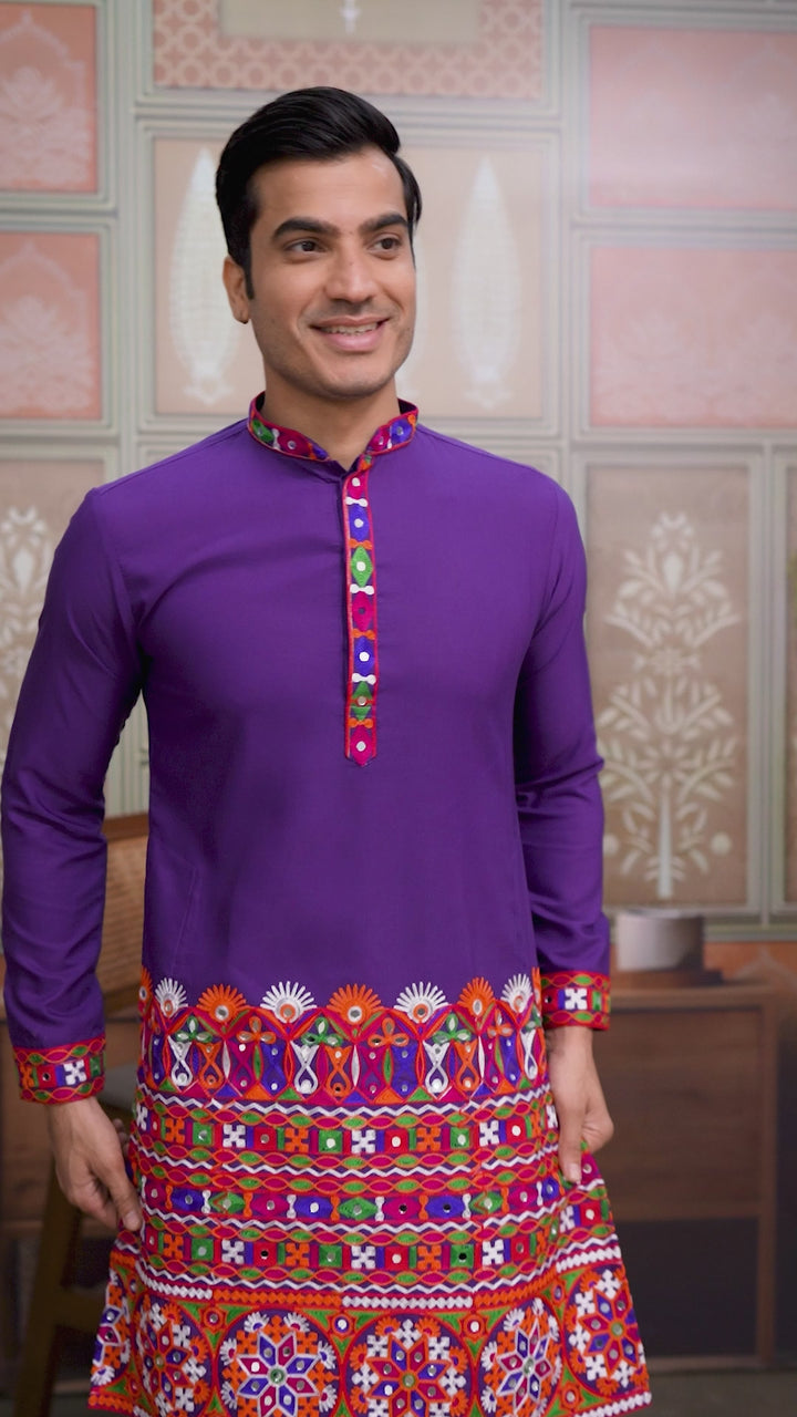 Purple Multi Thread And Real Mirror Work Kurta Set For Navratri