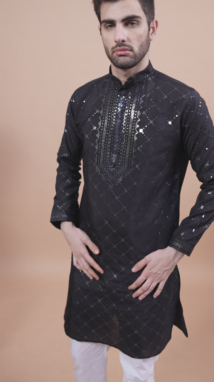 BLACK VISCOSE SILK THREAD, SEQUENCE EMBROIDERED WORK KURTA SET