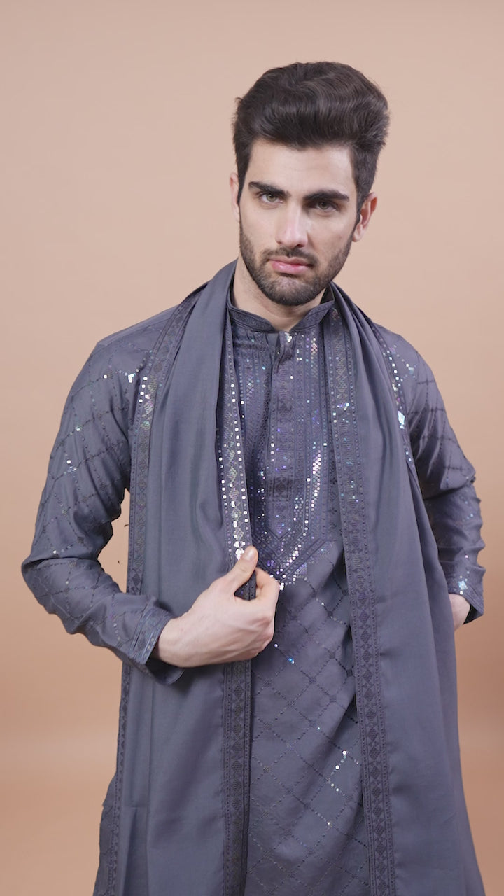 GREY VISCOSE SILK THREAD, SEQUENCE EMBROIDERED WORK KURTA SET