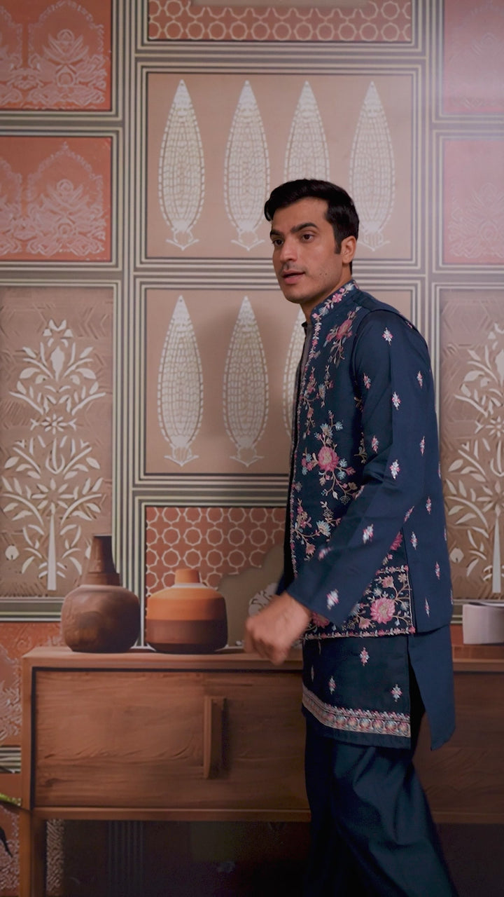 Nile Blue Multi Thread Sequins Embroidery Work Wedding Wear Kurta And Jacket