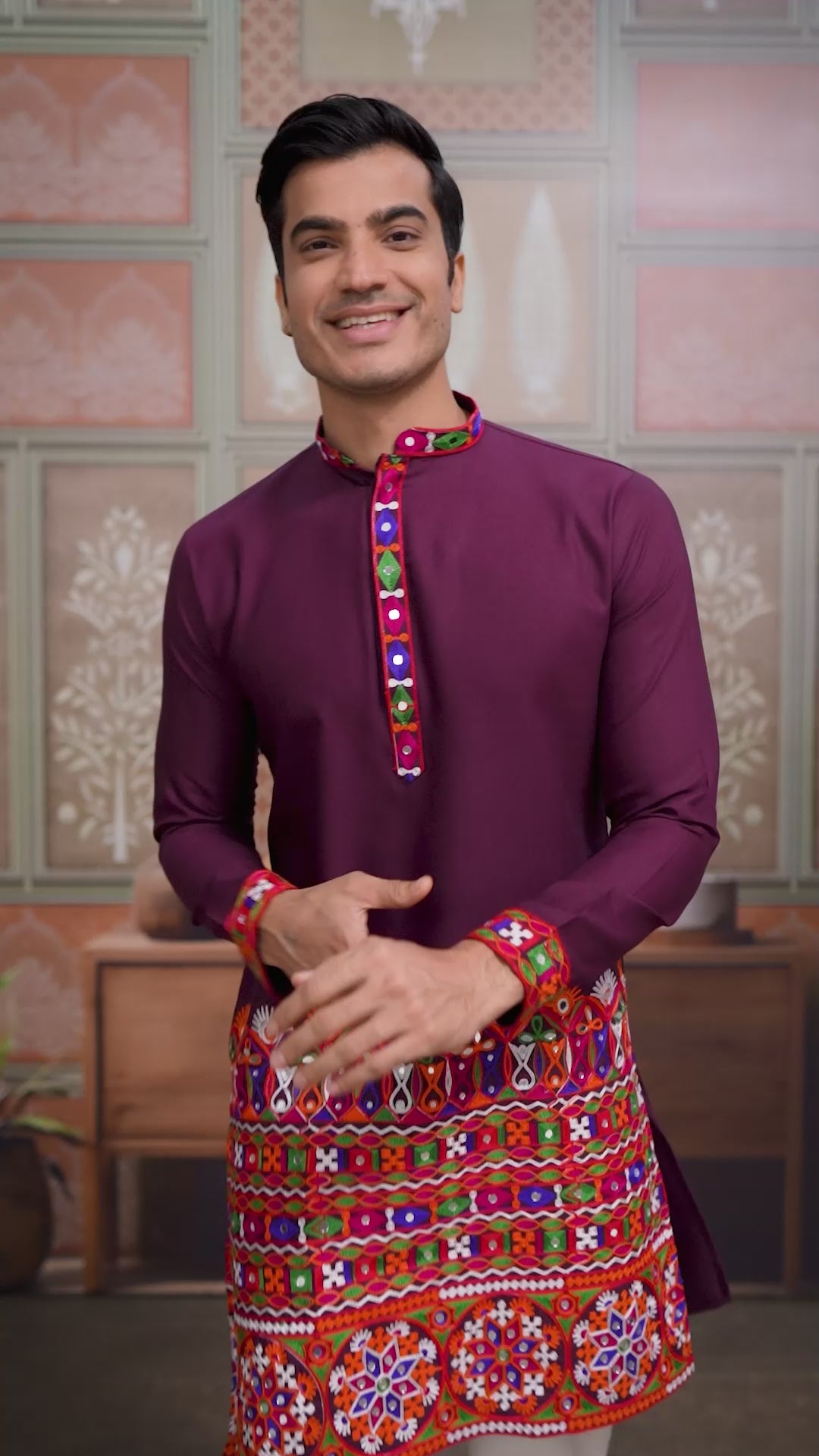 Wine Multi Thread And Real Mirror Work Kurta Set For Navratri