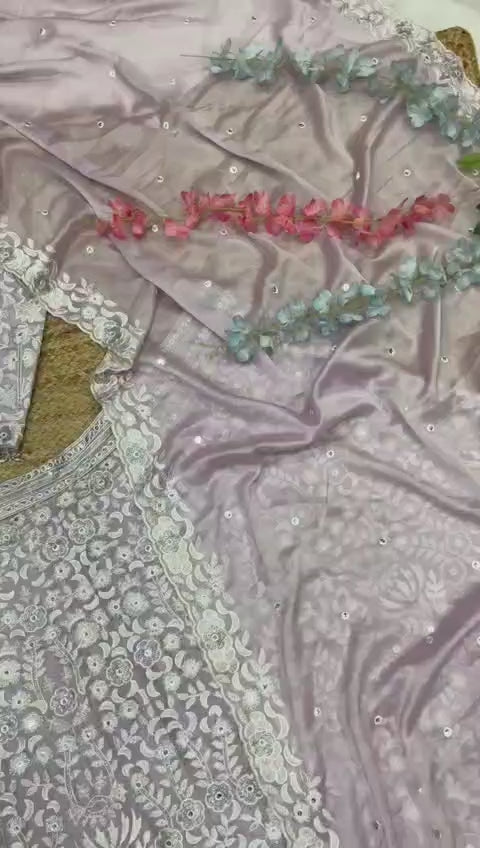 White Premiums Silk Georgette Embellished With Beautiful Whiscose Thread Work And Sequins Work | Ready To Wear