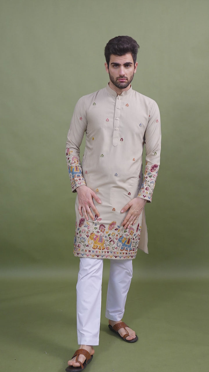 IVERY COTTON THREAD, SEQUENCE EMBROIDERED WORK KURTA