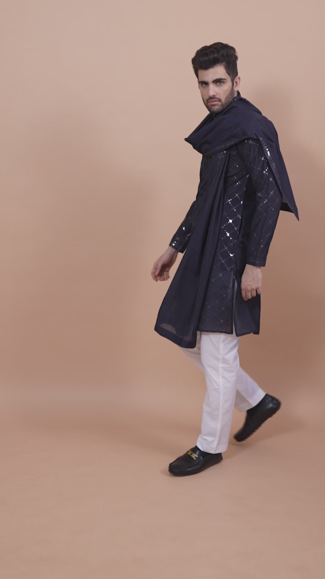 NAVY BLUE VISCOSE SILK THREAD, SEQUENCE EMBROIDERED WORK KURTA SET