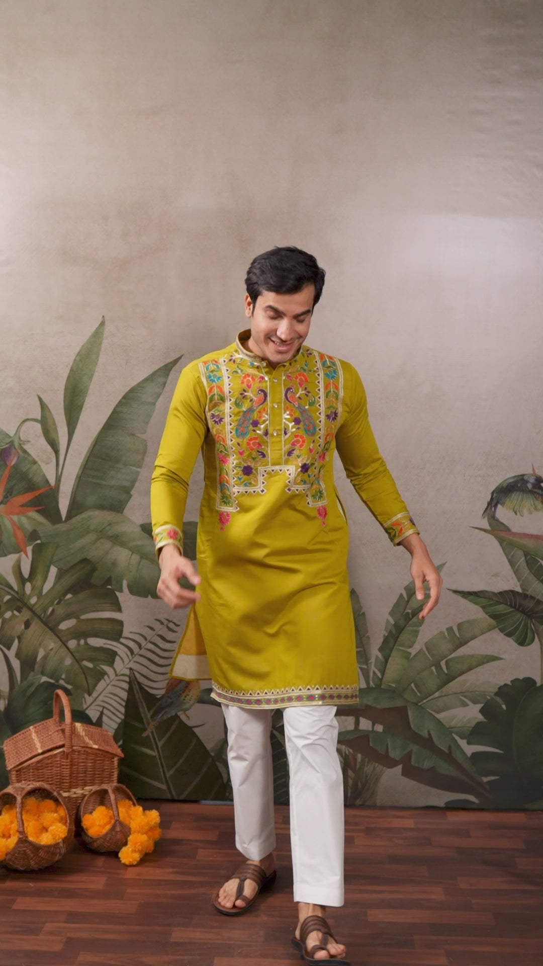 Fluroscent Green Multi Thread Sequins Embroidery Work Festive Wear Kurta Set