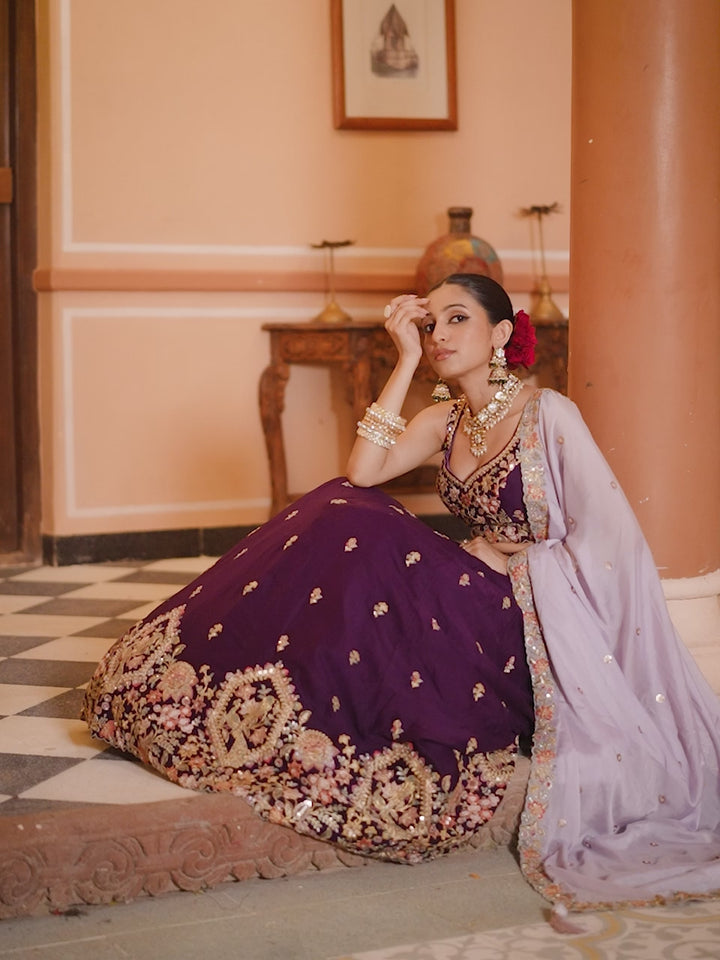PURPLE - Georgette Fabric Sequins embroidery Semi-Stitched Lehenga & Unstitched Blouse With Dupatta