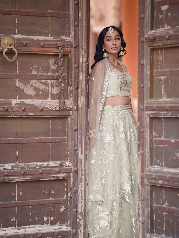 LIMEGREEN - Net Fabric Sequins embroidery Semi-Stitched Lehenga & Unstitched Blouse With Dupatta