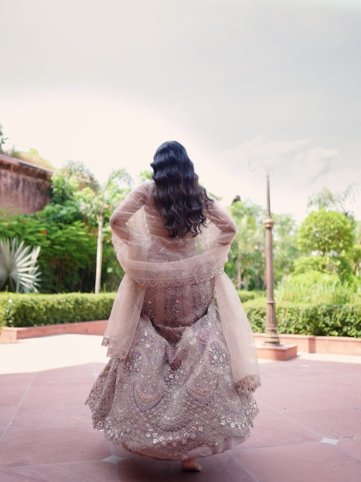 BEIGE - Net Fabric Sequins embroidery Semi-Stitched Lehenga & Unstitched Blouse With Dupatta