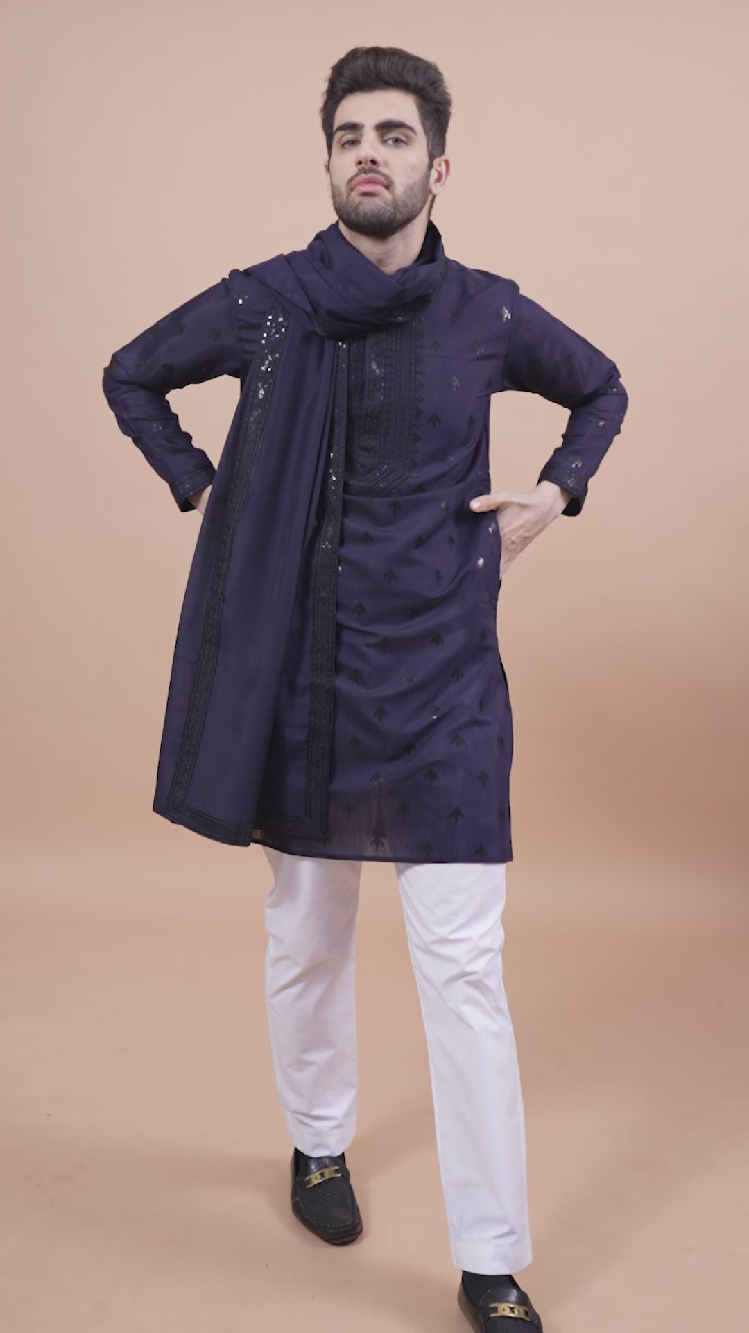 NAVY BLUE VISCOSE SILK THREAD, SEQUENCE EMBROIDERED WORK KURTA SET