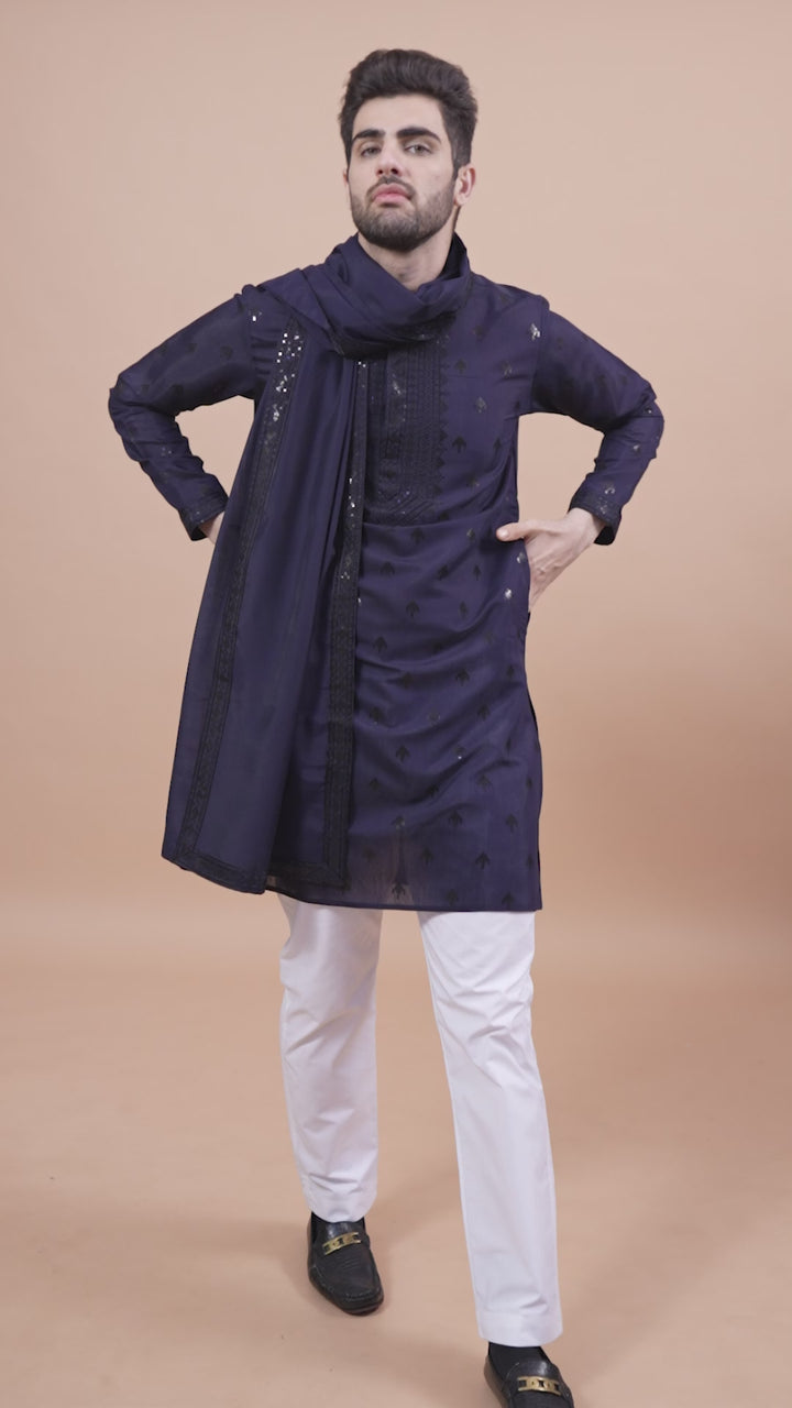 NAVY BLUE VISCOSE SILK THREAD, SEQUENCE EMBROIDERED WORK KURTA SET