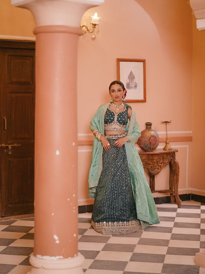 TEAL - Tissue Silk Fabric Sequins embroidery Semi-Stitched Lehenga & Unstitched Blouse With Dupatta