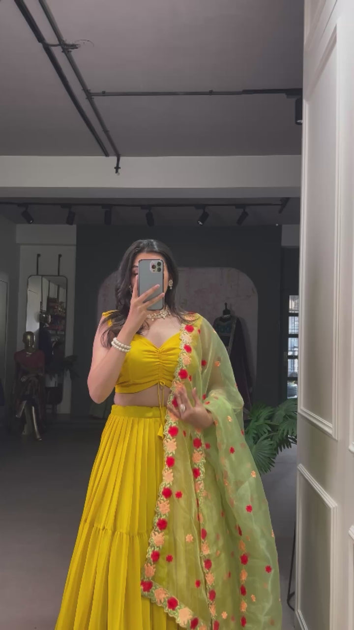 Yellow Georgette Plain Stitched With Canvas Lehenga Choli | Ready To Wear