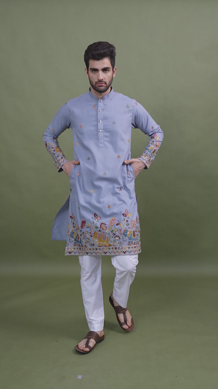 SKY BLUE COTTON THREAD, SEQUENCE EMBROIDERED WORK KURTA
