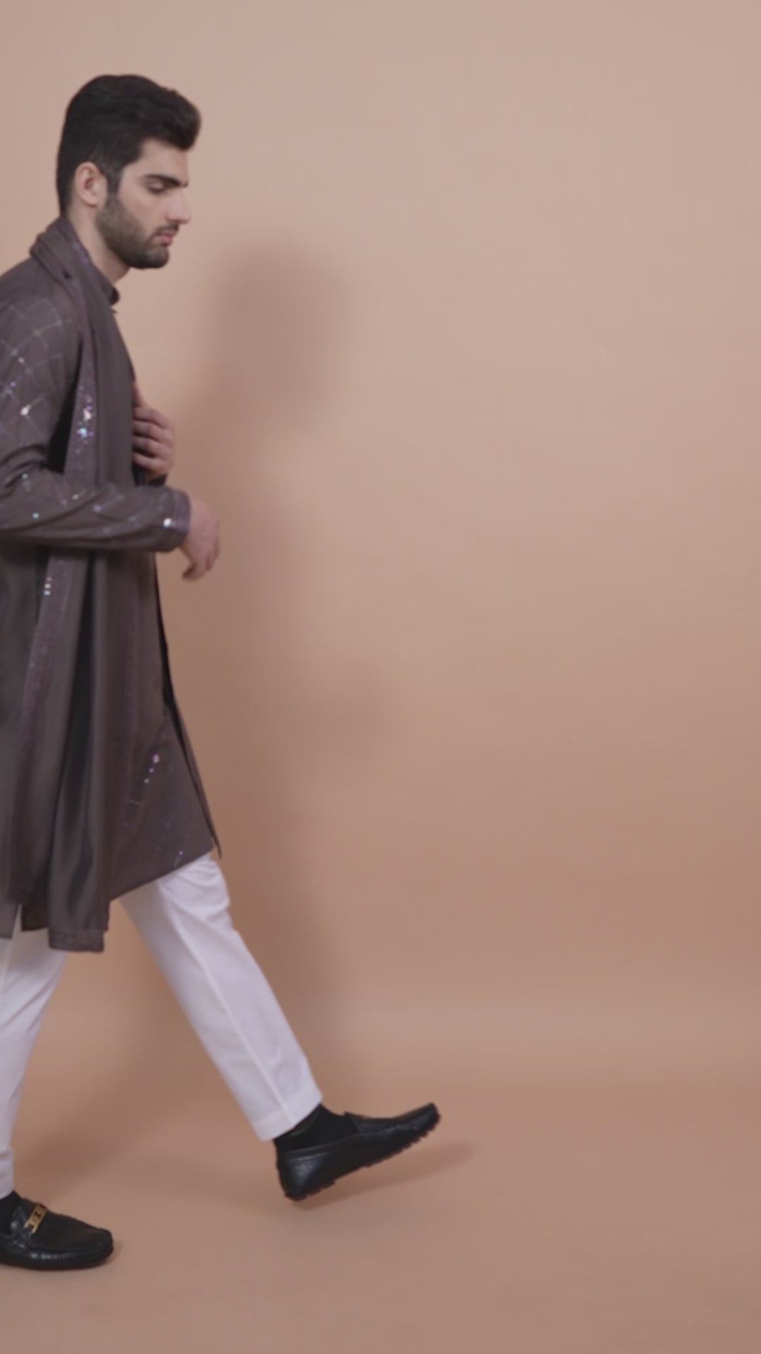 BROWN VISCOSE SILK THREAD, SEQUENCE EMBROIDERED WORK KURTA SET