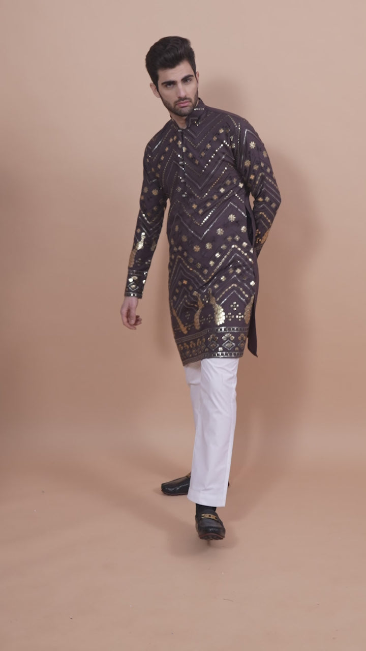 GREY PURE VISCOSE RAYON THREAD & SEQUENCE EMBROIDERED WORK KURTA