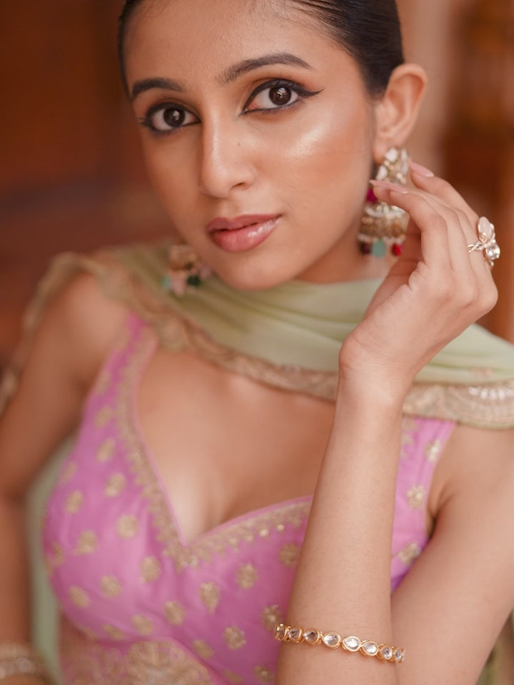 Pink- Tissue Silk Fabric Sequins embroidery Semi-Stitched Lehenga & Unstitched Blouse With Dupatta