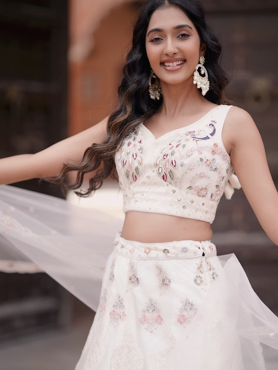 CREAM - Net Fabric Sequins embroidery Semi-Stitched Lehenga & Unstitched Blouse With Dupatta