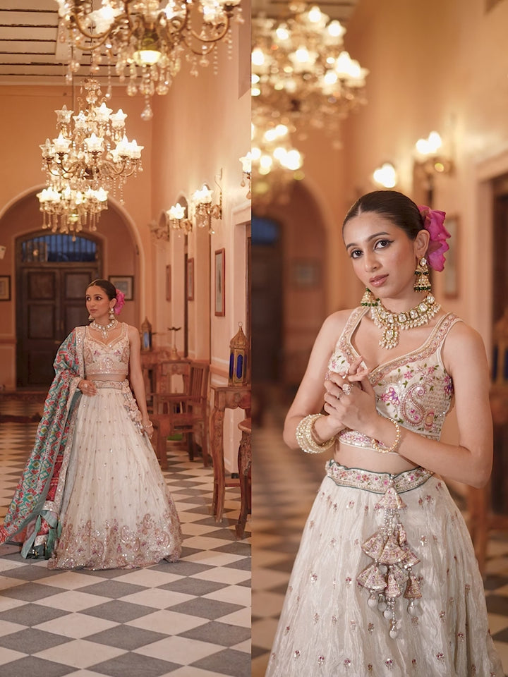 GREEN - Tissue Fabric Sequins embroidery Semi-Stitched Lehenga & Unstitched Blouse With Burgundy Color Dupatta