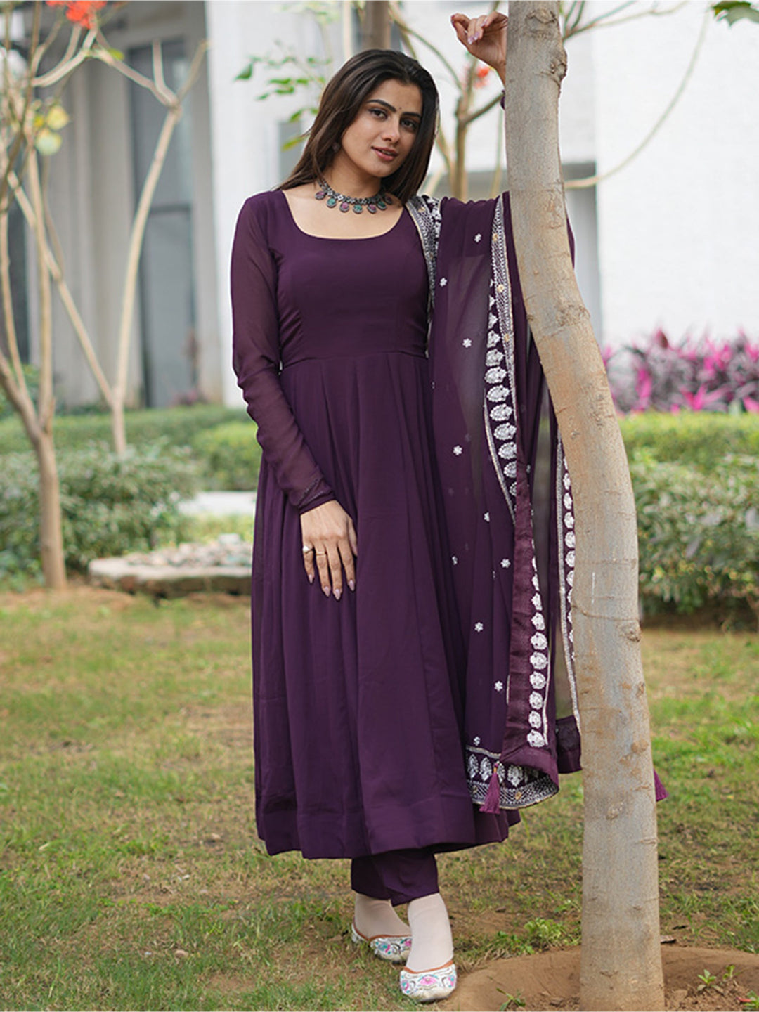 Spectacular Purple Georgette Anarkali Pant Suit With Dupatta for Special Occasions