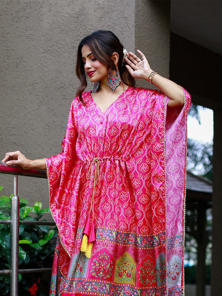 Pink Color Digital Print Pure Gaji Silk Kaftan - qivii