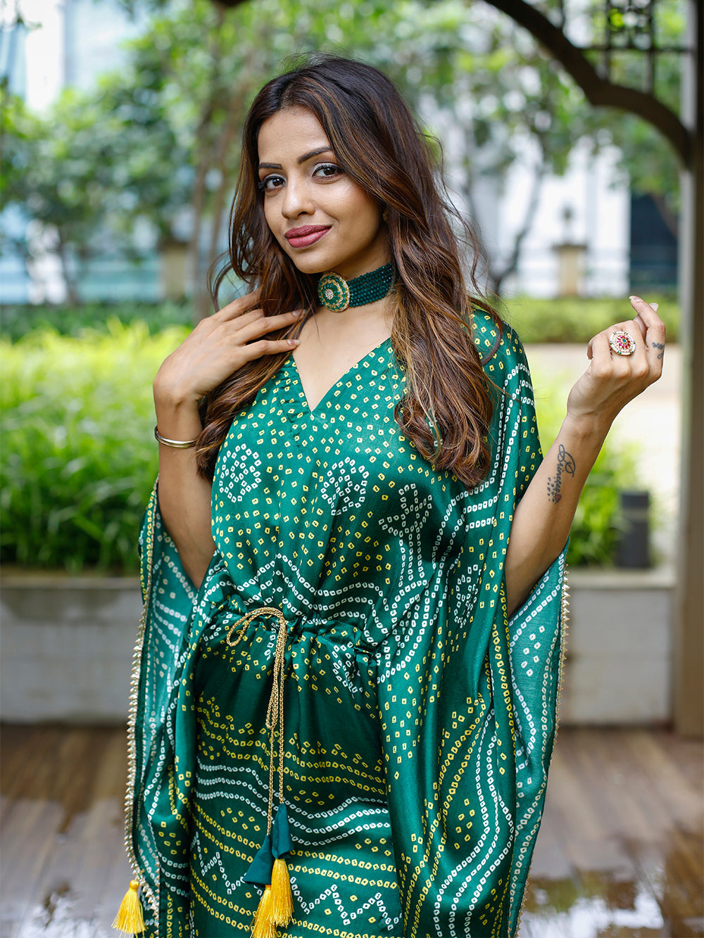 Green Color Digital Bandhej Printed Pure Gaji Silk Kaftan - qivii
